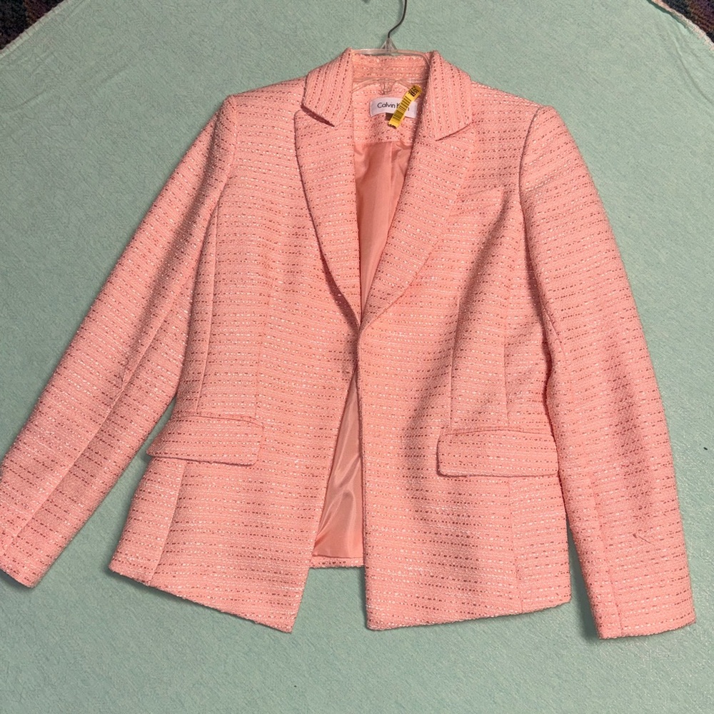 Calvin Klein size 4 Peach pink Salmon Open-front blazer jacket EUC shimmer tweed